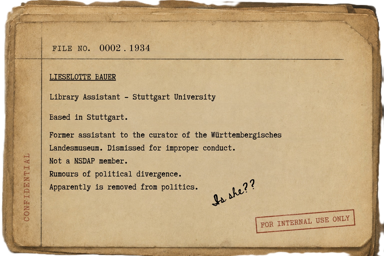 Dossier file 0002 — Lieselotte Bauer, Museum Assistant